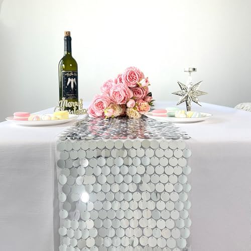 JYFLZQ Silver Sequin Table Runner 12x108 Inch 1 Pack