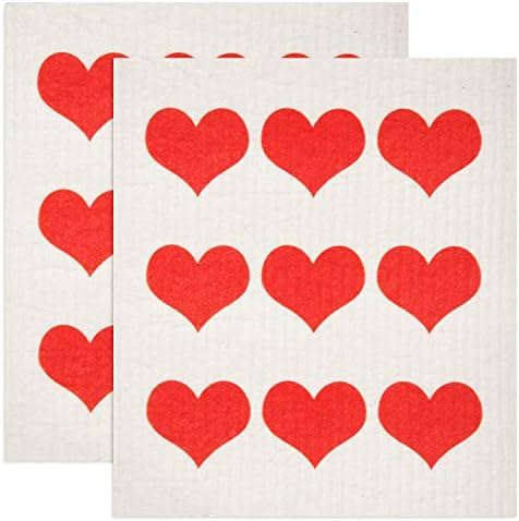 Swedish Dishcloths 2 Pack Red Heart Print Reusable Kitchen Cloths