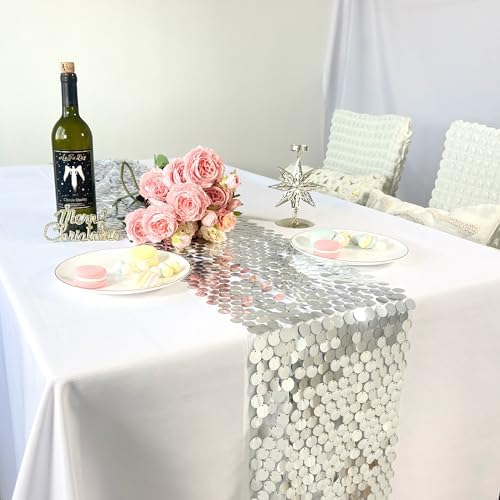 JYFLZQ Silver Sequin Table Runner 12x108 Inch 1 Pack
