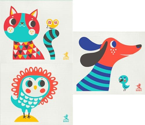 Swedish Dishcloths Pack of 3 with Dog Cat Owl Designs