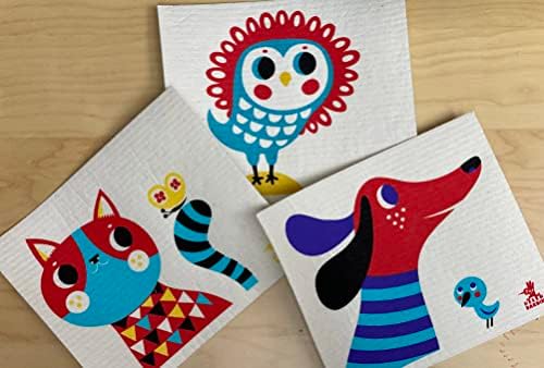 Swedish Dishcloths Pack of 3 with Dog Cat Owl Designs