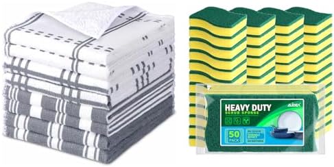AIDEA Kitchen Towels and Heavy Duty Scrub Sponge 50 Count