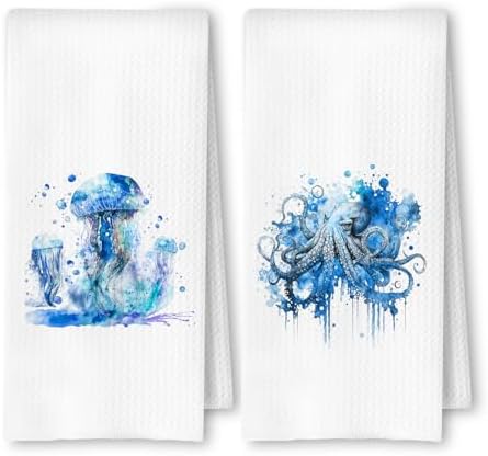 Coastal Jellyfish Octopus Hand Towels Set of 2 for Bathroom and Kitchen