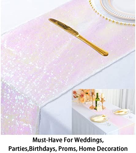 ShinyBeauty Sequin Table Runner 12x108 Inch Iridescent White Pack of 1