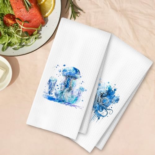 Coastal Jellyfish Octopus Hand Towels Set of 2 for Bathroom and Kitchen