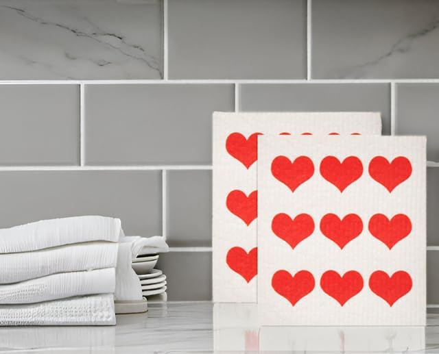 Swedish Dishcloths 2 Pack Red Heart Print Reusable Kitchen Cloths