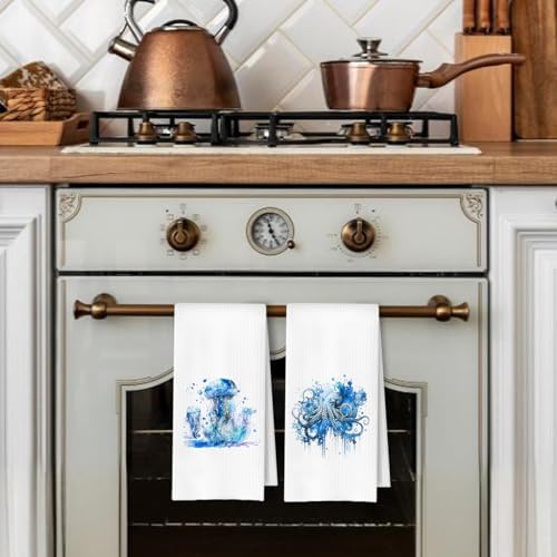 Coastal Jellyfish Octopus Hand Towels Set of 2 for Bathroom and Kitchen