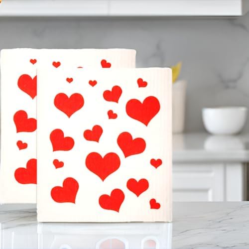 GMIcratifs Swedish Dishcloths 2 Pack Red Flying Hearts Print