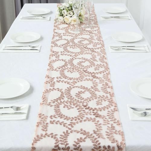 Efavormart 12x108 Blush Rose Gold Leaf Vine Sequin Table Runner