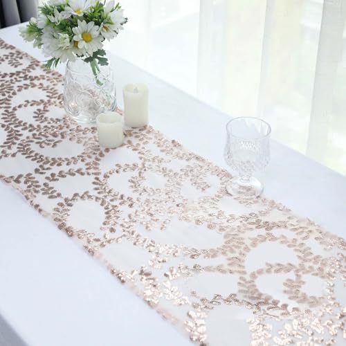 Efavormart 12x108 Blush Rose Gold Leaf Vine Sequin Table Runner