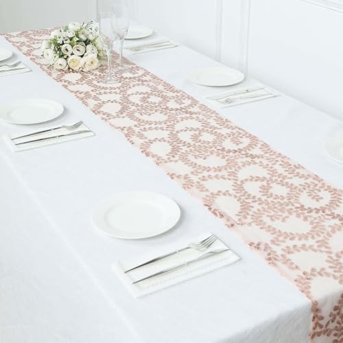 Efavormart 12x108 Blush Rose Gold Leaf Vine Sequin Table Runner
