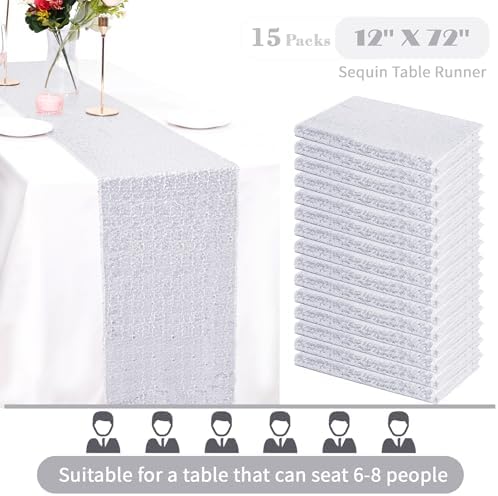 15 Pack Silver Sparkly Sequin Table Runner for Events
