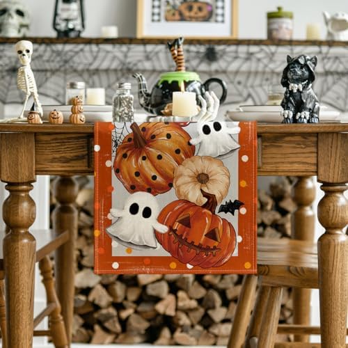 Artoid Mode Halloween Orange Pumpkin Ghost Table Runner 13x72 Inch