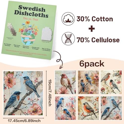 VISSTREE Birds Flowers Dishcloths 6 Pack Reusable Kitchen Cloths