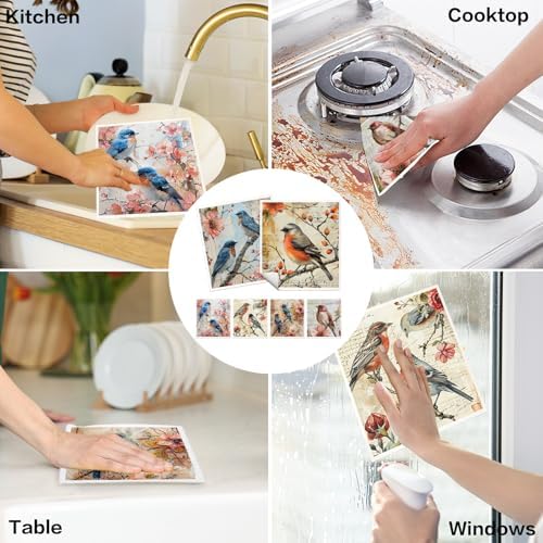 VISSTREE Birds Flowers Dishcloths 6 Pack Reusable Kitchen Cloths
