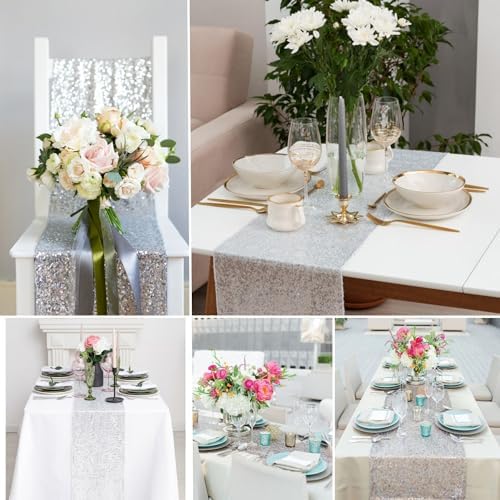 15 Pack Silver Sparkly Sequin Table Runner for Events
