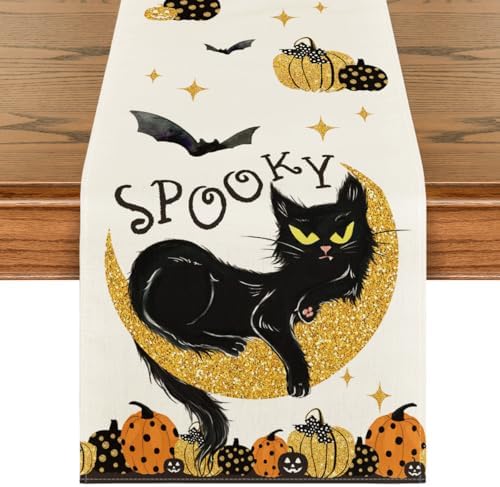 Artoid Mode Spooky Halloween Table Runner with Black Cat Design