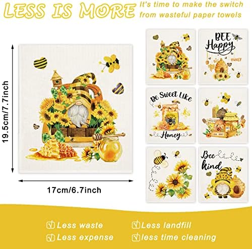 Whaline 6Pcs Bee Themed Dish Cloths Reusable Cotton Sponge Cleaning Towels