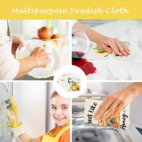 Whaline 6Pcs Bee Themed Dish Cloths Reusable Cotton Sponge Cleaning Towels