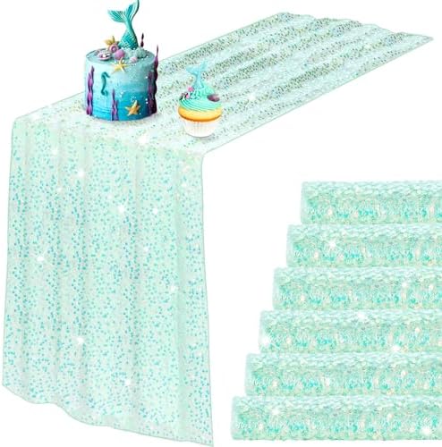6 Pcs Iridescent Sequin Table Runner Mermaid Design Cyan