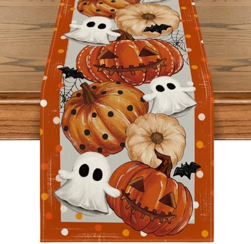 Artoid Mode Halloween Orange Pumpkin Ghost Table Runner 13x72 Inch