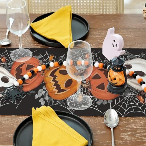 ARKENY Halloween Pumpkin Table Runner Black Spider Web