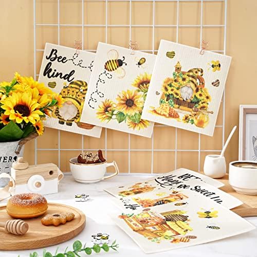 Whaline 6Pcs Bee Themed Dish Cloths Reusable Cotton Sponge Cleaning Towels