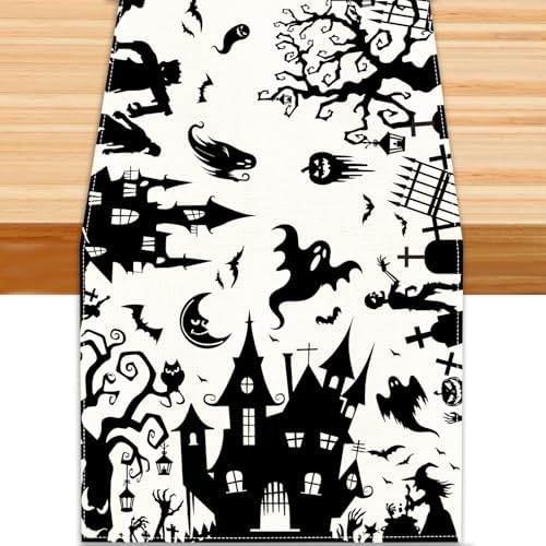 Halloween Table Runner with Haunted House Design
