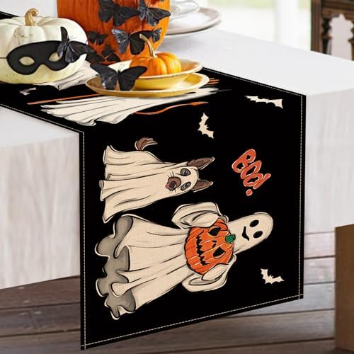 Halloween Ghost Boo Black Table Runner 13x72 Inch