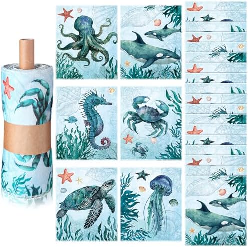 36 Count Reusable Cleaning Cloths Cotton Kitchen Towels Sea Animals Blue