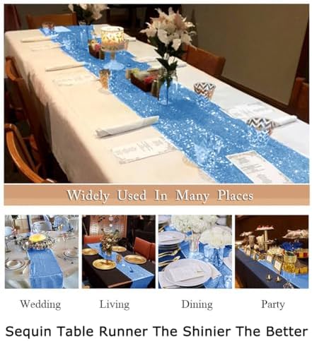 ShiDianYi Baby Blue Sequin Table Runner 12x72 Inch for Baby Shower
