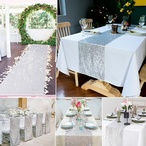15 Pack Silver Sparkly Sequin Table Runner for Events