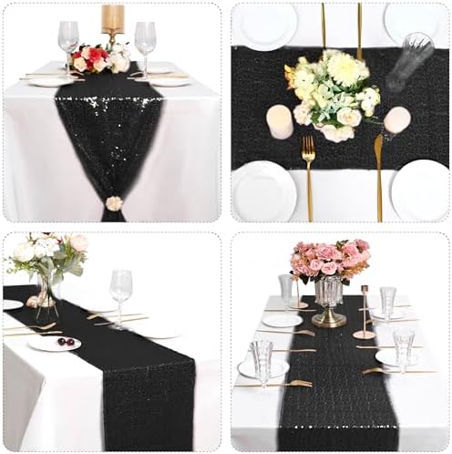 15 Pack Black Sequin Table Runner for Holidays and Events