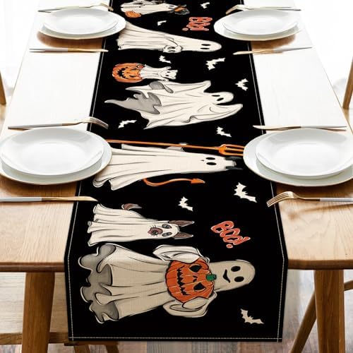 Halloween Ghost Boo Black Table Runner 13x72 Inch