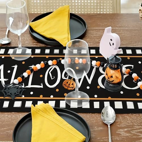 Funny Ghost Table Runner Halloween Pumpkin Chessboard Design 13x72 Inch
