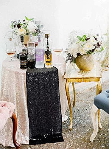 ShinyBeauty Black Sequin Table Runner 12x108 Inch