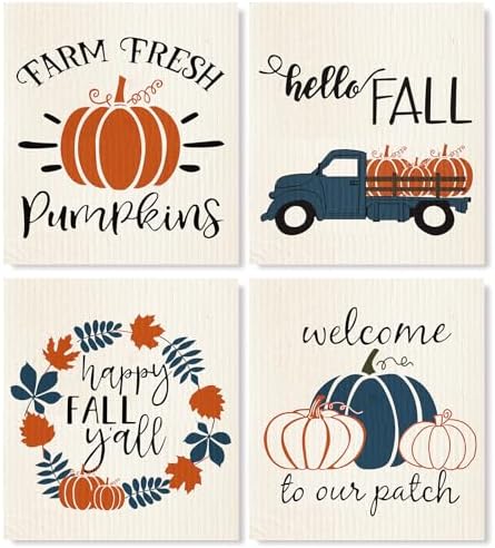 Swedish Kitchen Dishcloth Set 4Pcs 7x8 Inch Fall Themed