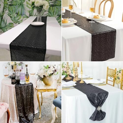 15 Pack Black Sequin Table Runner for Holidays and Events