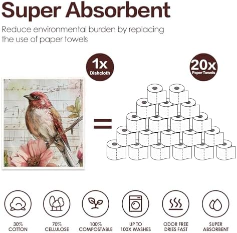 VISSTREE Birds Flowers Dishcloths 6 Pack Reusable Kitchen Cloths