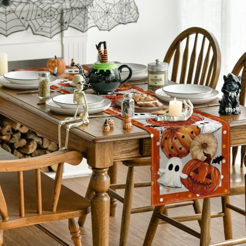 Artoid Mode Halloween Orange Pumpkin Ghost Table Runner 13x72 Inch