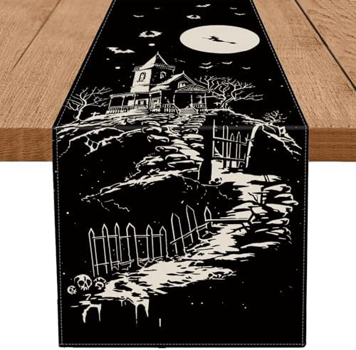 Halloween Table Runner Haunted House Witch Spooky Village Gothic 13x72 Inch