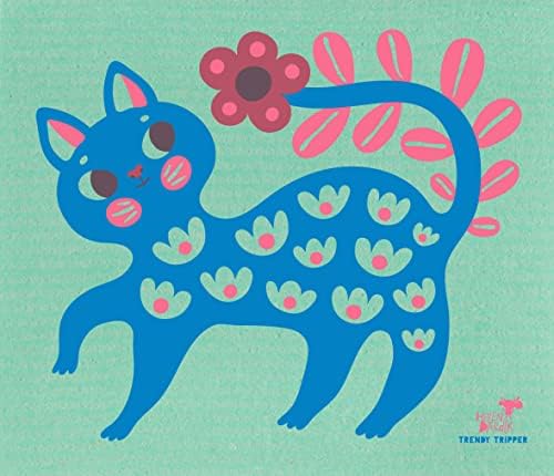 Reusable Swedish Dishcloths with Artist Design Blue Cat on Green 3 Count