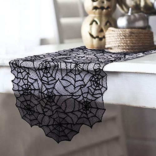 AerWo 80x20 Inch Black Spider Web Table Runner Halloween Decoration