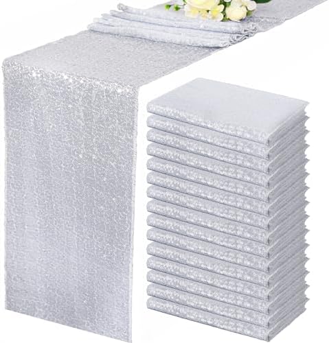 15 Pack Silver Sparkly Sequin Table Runner for Events