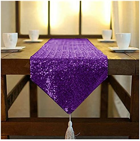 ShinyBeauty Purple Sequin Table Runner with Tassel