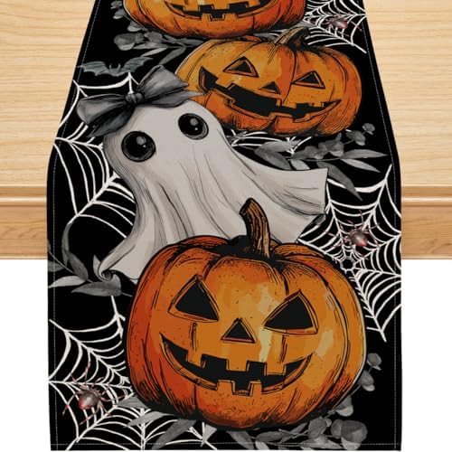 Halloween Table Runner with Jack-O-Lantern Ghost and Spider Designs