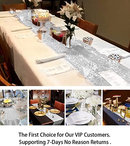 ShinyBeauty Silver Sequin Tassel Table Runner 12x90in