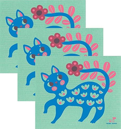 Reusable Swedish Dishcloths with Artist Design Blue Cat on Green 3 Count