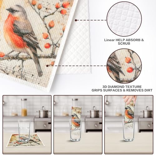 VISSTREE Birds Flowers Dishcloths 6 Pack Reusable Kitchen Cloths