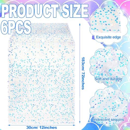 6 Pcs Iridescent Sequin Table Runner White 12x72 Inch Mermaid Wedding Cover